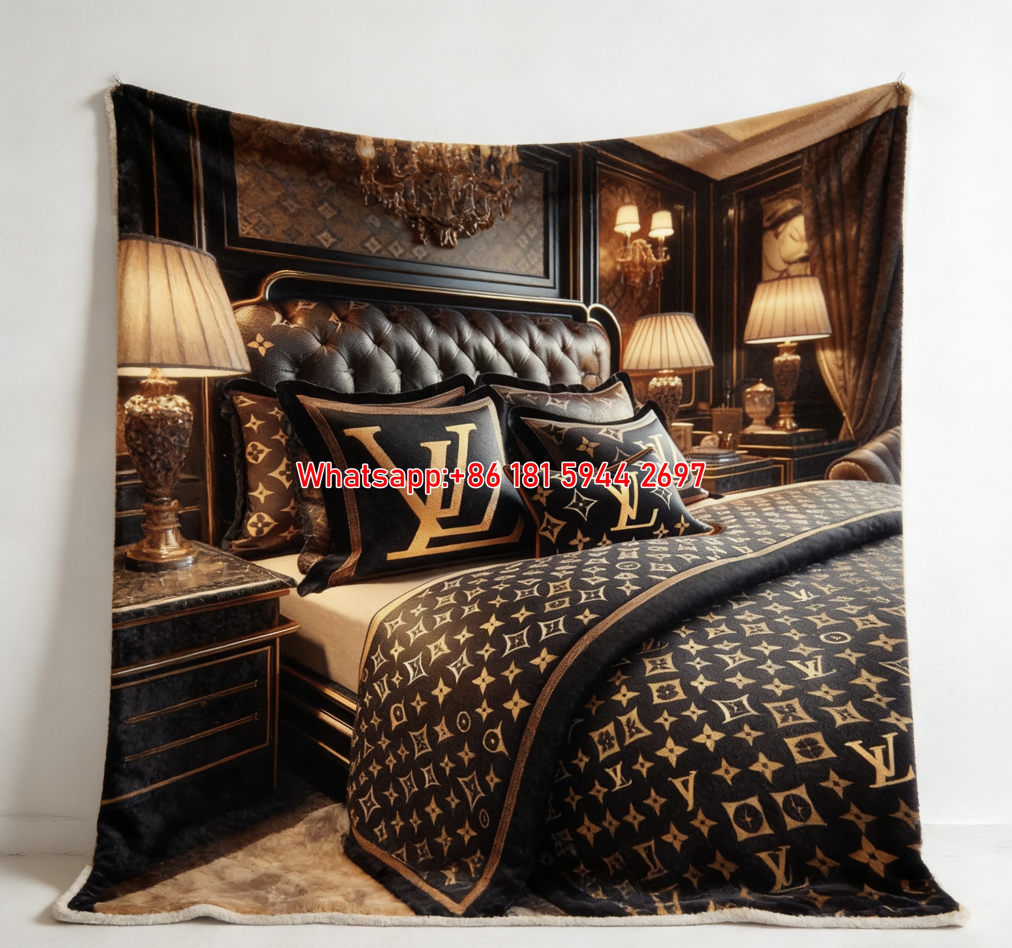 Luxury LV Monogram Bedding Blanket Black & Gold LV Bedroom Blanket 096